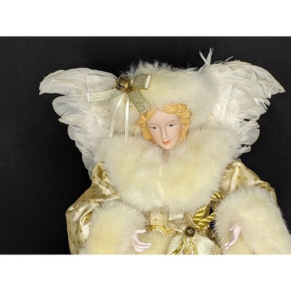 Angel Tree Topper 17" Gold Ivory Porcelain Face & Hands Feather Wings Fur Robe - Picture 6 of 9